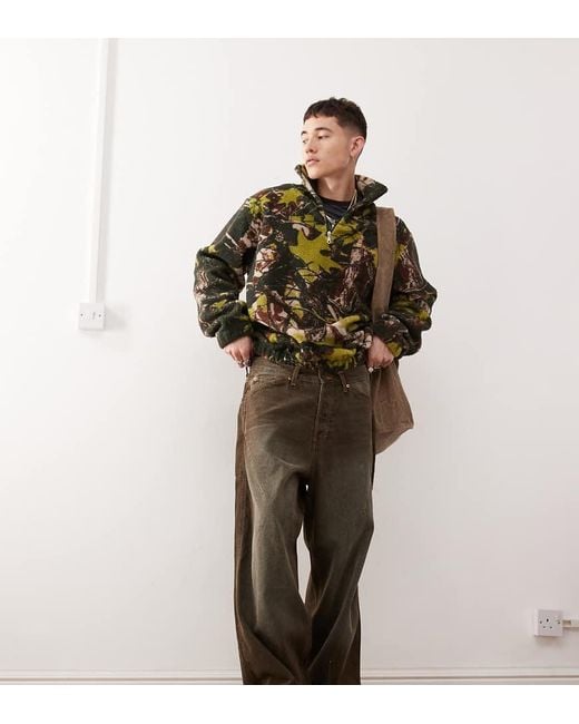 Collusion Green Borg Funnel Neck Tree Camo Print Fleece Sweatshirt With Embroidery for men