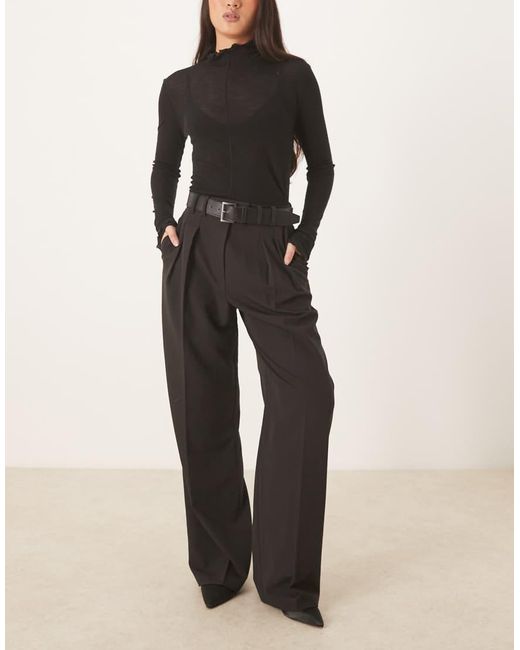 ASOS Black Tailored Belted Wide Leg Trousers With Pleat Detail