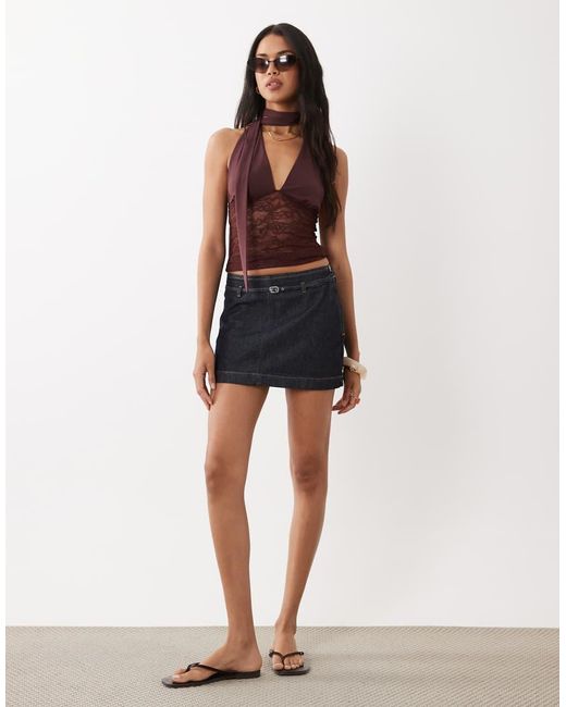 Gina Tricot Brown Lace Plunge Top With Scarf