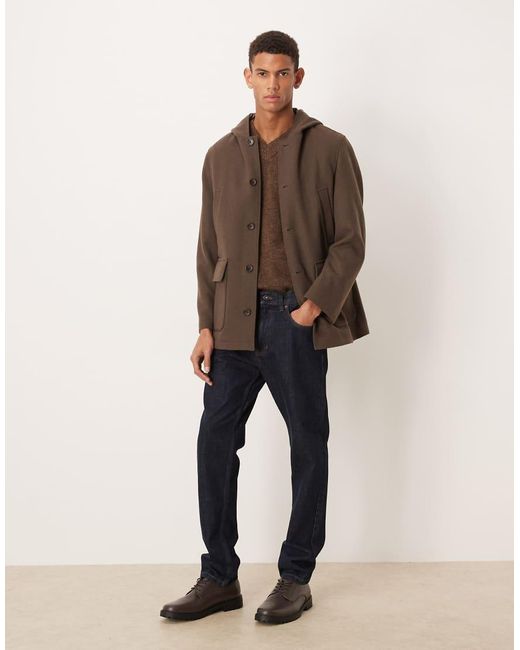 Mango Brown Hooded Brushed Coat With Pockets for men