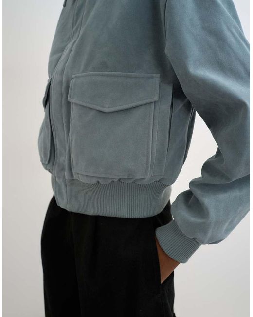 TOPSHOP Blue Faux Suede Zip Through Jacket With Patch Pockets