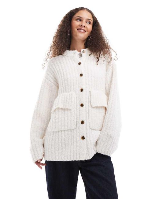 Monki White Chunky Knit Rib High Neck Cardigan With Button Front And Front Flap Pockets