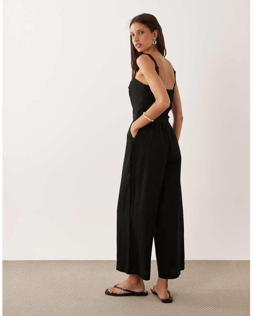 Mango Black Linen Rich Belted Square Neck Jumpsuit
