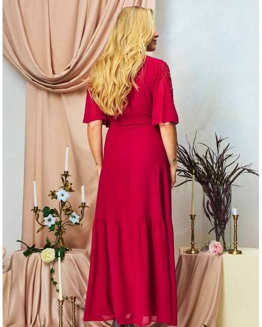 Hope & Ivy Red The Petal Embellished Flutter Sleeve Maxi Wrap Dress With Tie Waist