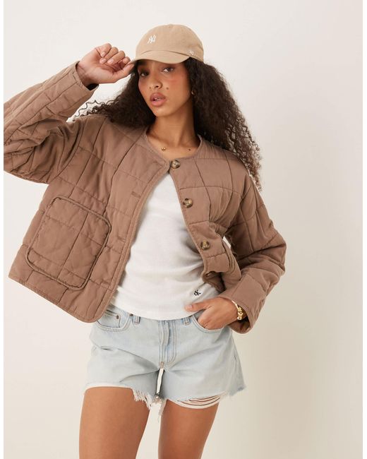 ASOS Brown Crop Collarless Quilted Jacket
