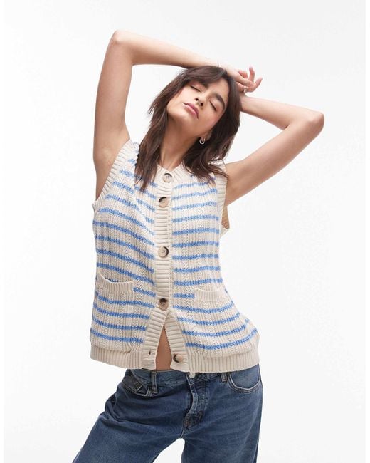 TOPSHOP White – gestreiftes, durchgeknöpftes tanktop aus weitmaschigem strick