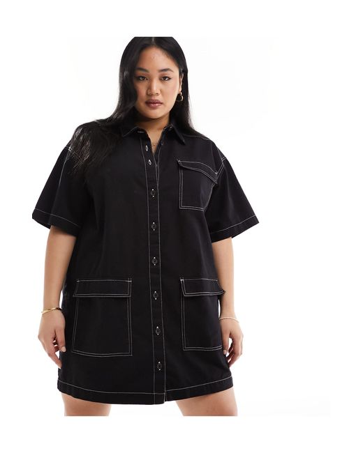 Collusion Black Plus Twill Mini Pocket Shirt Dress With Contrast Stitch Detail