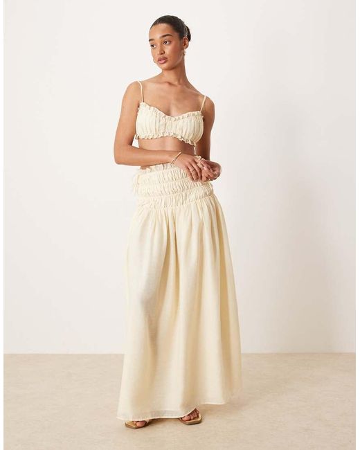 Wanderdoll Natural Soulie Linen Look Shirred Dropped Waist Tie Detail Maxi Skirt Co-ord