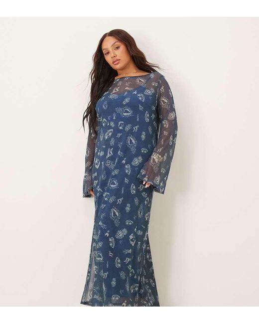 Never Fully Dressed Blue Long Sleeve Mesh Maxi Dress