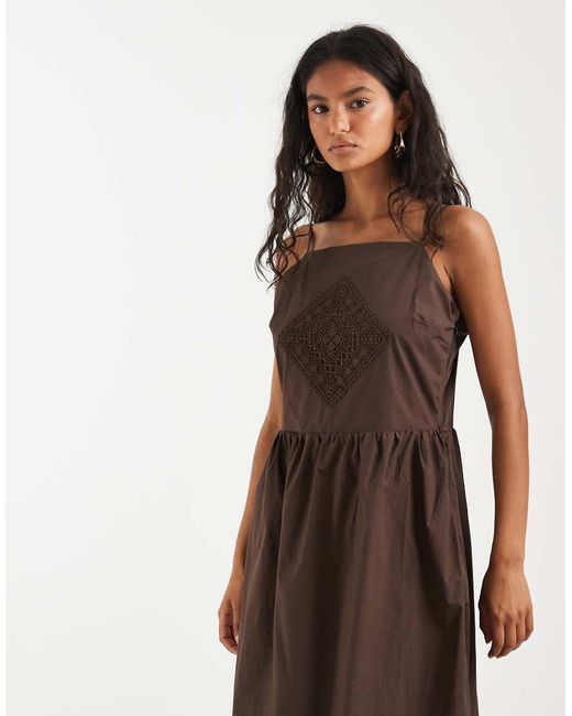 Object Brown Poplin Cami Midi Dress With Crochet Patch Detail
