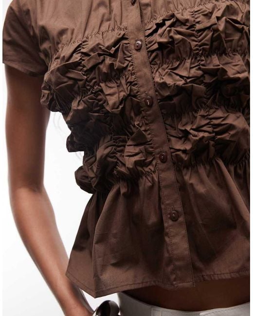 Collusion Brown Ruched Fitted Short Sleeve Shirt
