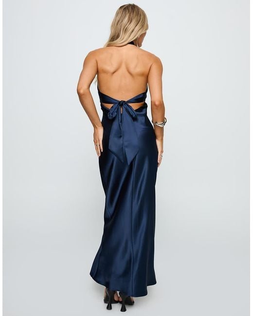 Princess Polly Blue Rosaminta Satin Twist Front Halterneck Open Back Tie Detail Maxi Dress