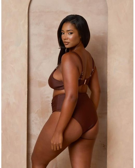 Moda Minx Curve Brown X Alessa Tyrrell-charles Knot Front Bikini Top With Faux Gem Detailing