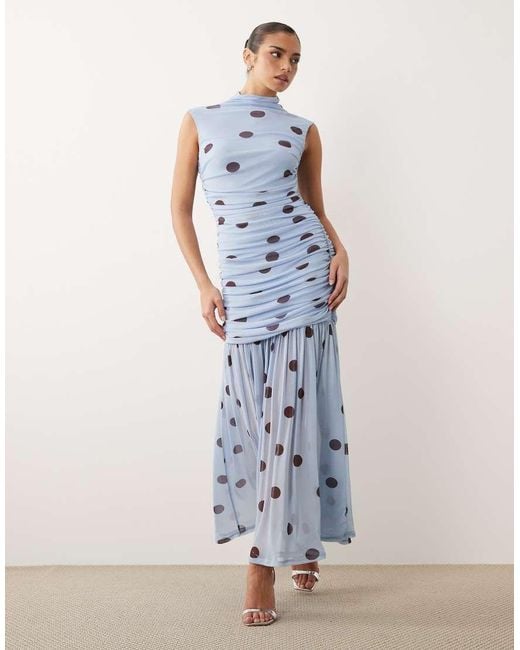 ASOS Blue Printed Polka Dot Ruched Drop Waist Circle Dress With Grown-on Neck