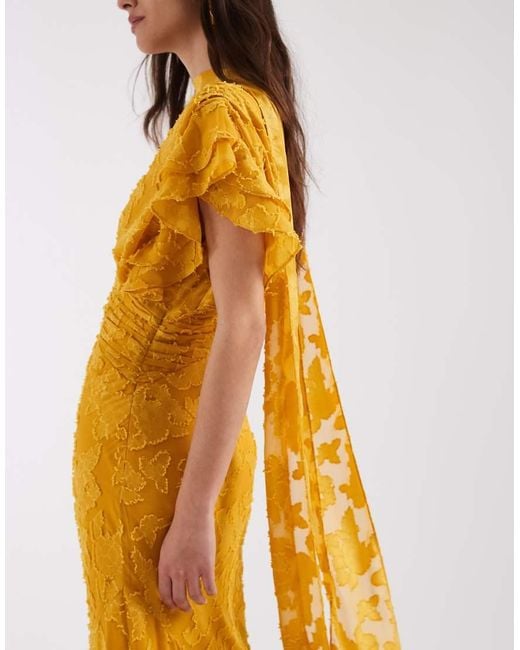 Pretty Lavish Metallic V Neck Frill Jacquard Godet Maxi Dress