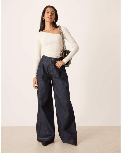 ASOS White Supersoft Asymmetric Neck Waist Detail Long Sleeve Top