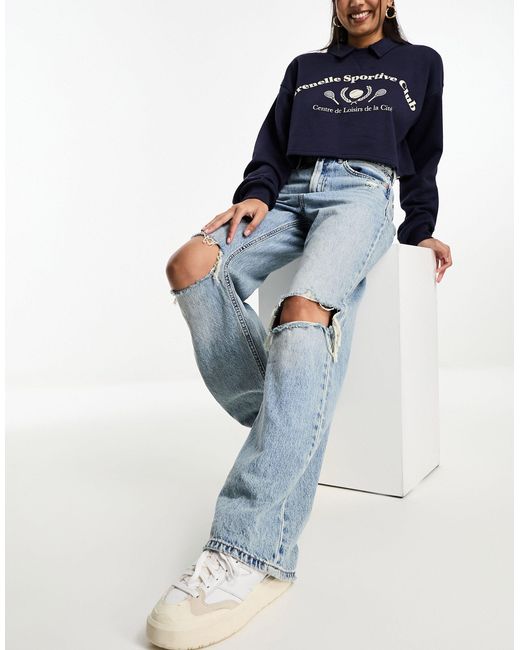 Stradivarius Blue Wide Leg Dad Jean With Rips