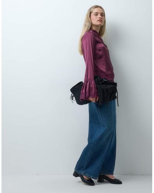 Reclaimed Vintage Purple Mandarin Collar Satin Blouse With Asym Hem