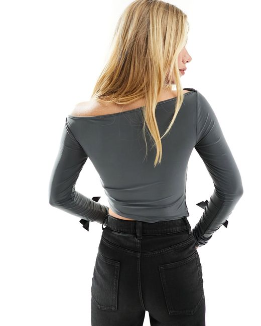 Collusion Gray Long Sleeve Of The Shoulder Top With Ribbon Cuff