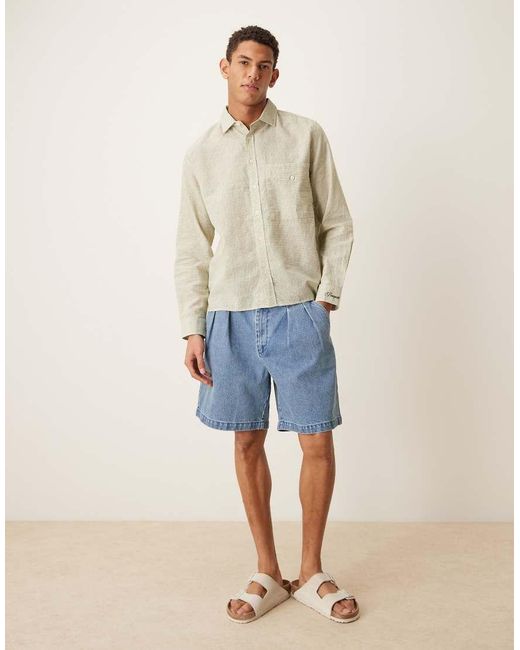 Pompeii UK Natural Pompeii Micro Check Long Sleeve Linen Shirt for men