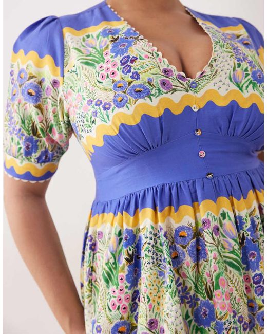 Hope & Ivy Plus Blue V-neck Puff Sleeve Midi Smock Dress
