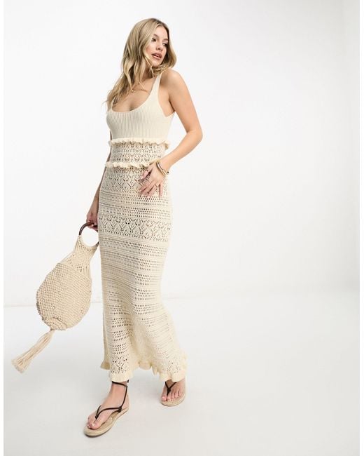 Miss Selfridge Natural Frill Crochet Maxi Dress