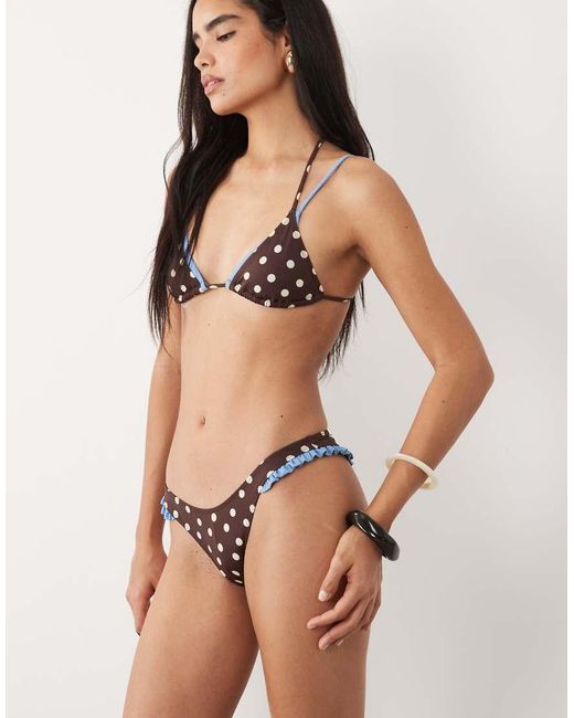 ASOS Natural Bonnie Polka Dot High Leg Bikini Bottom With Ruffle Trim