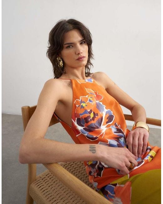 TOPSHOP Multicolor Satin Bias Halter Neck Open Scoop Back Maxi Dress