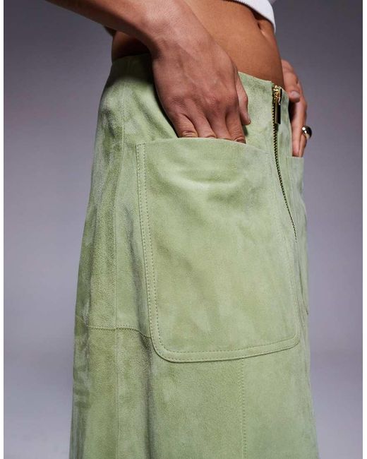 Falda De Tubo Midi Con Cremallera En La Parte Delantera De Ante Auténtico De ASOS de color Green