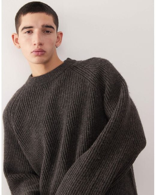 Pull bicolore en laine mélangée côtelée avec manches raglan - taupe foncé/noir Weekday pour homme en coloris Black