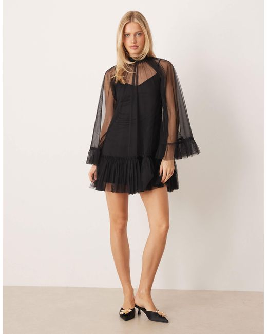 LACE & BEADS High Neck Sheer Sleeves Mini Dress in Black