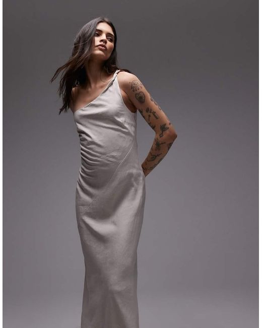 & Other Stories Gray One Shoulder Linen Midi Dress With Twisted Strap Detail