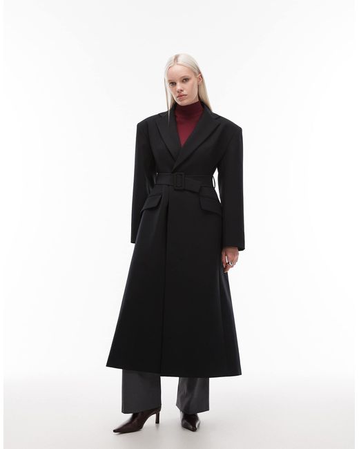 ASOS Black Tailored Power Shoulder Belted Overcoat