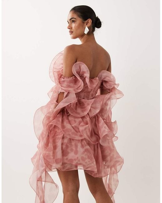 ASOS Pink Textured Organza Wired Ruffle Off-shoulder Mini Dress