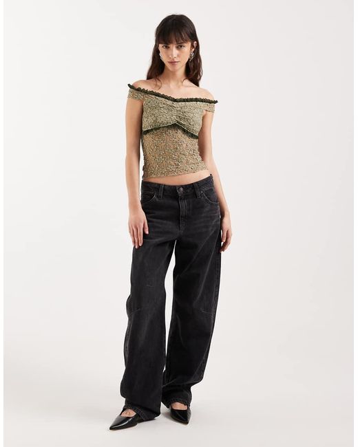 Motel Green Mayu Ruffle Trim Off Shoulder Lace Top