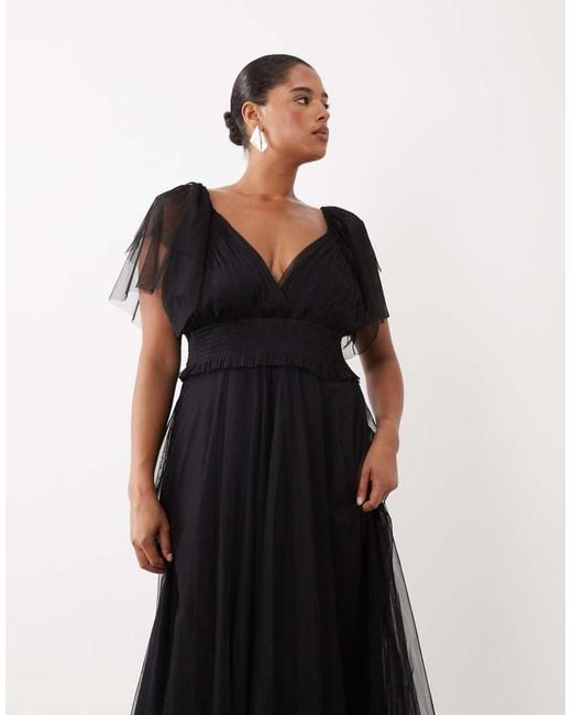 Lace & Beads Plus Black Bridesmaid Shirred Waist V-neck Mesh Flutter Sleeve Maxi Dress