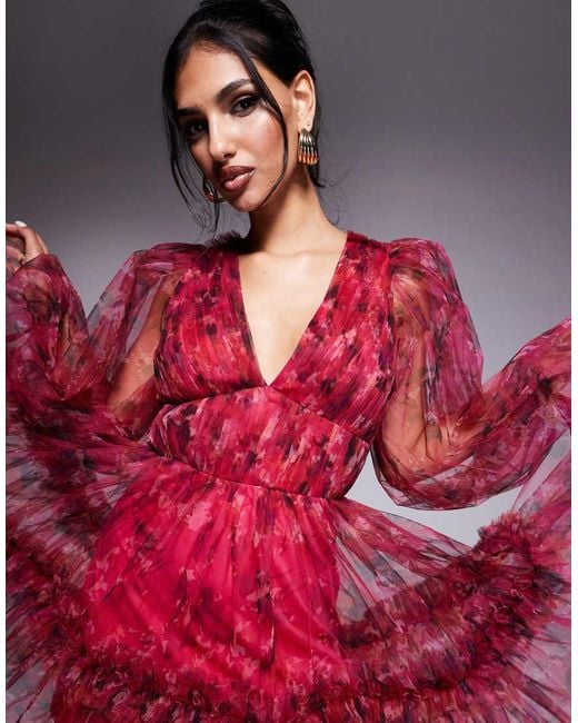 LACE & BEADS Red Balloon Sleeve Organza Mini Dress