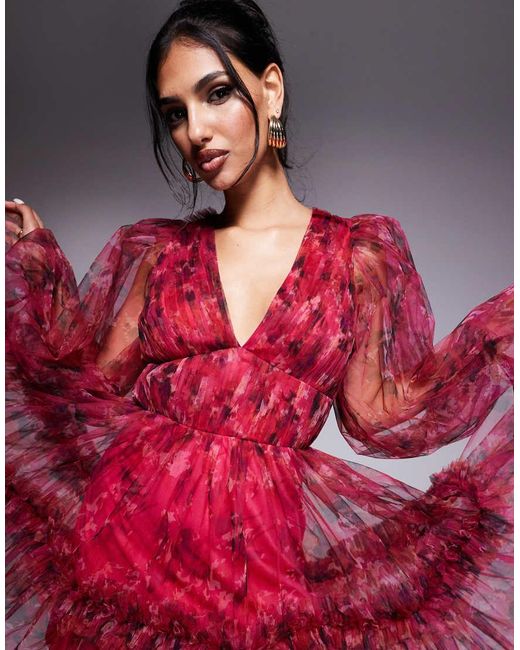 LACE & BEADS Mini-Jurk Met Organza, Bloemenprint En Ballonmouwen in het Red