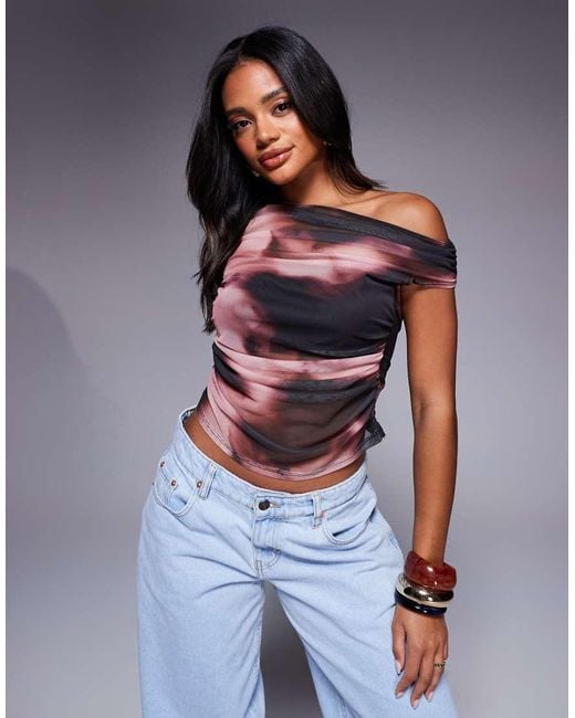 ASOS Multicolor Gathered Short Sleeve Off Shoulder Mesh Top