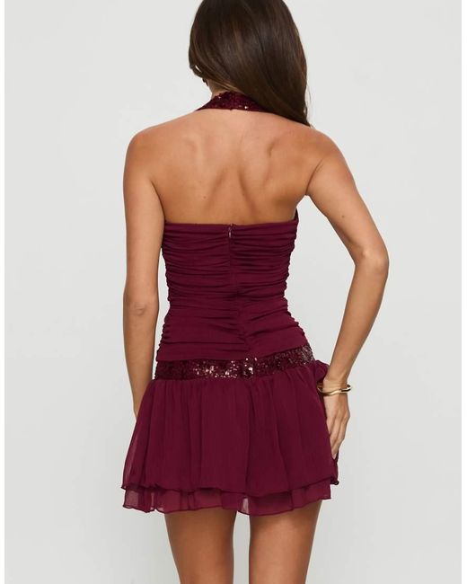 Princess Polly Aisleigh Mesh Overlay Sequin Detail Halterneck Shirred Detail Mini Dress