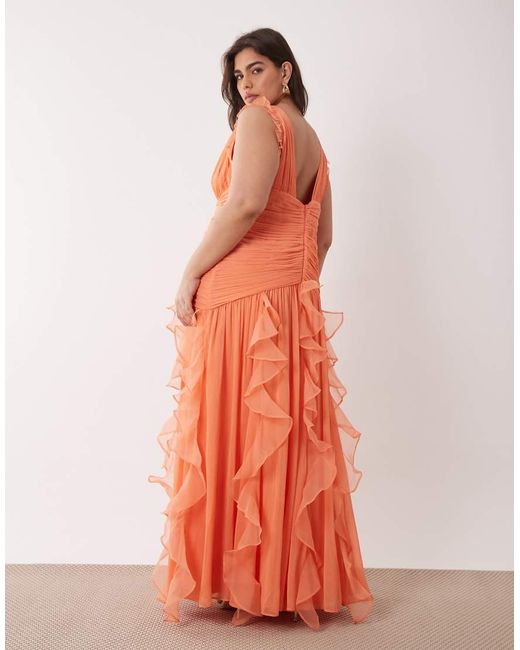 ASOS Orange Curve Ruched Maxi Dress With Waterfall Detail