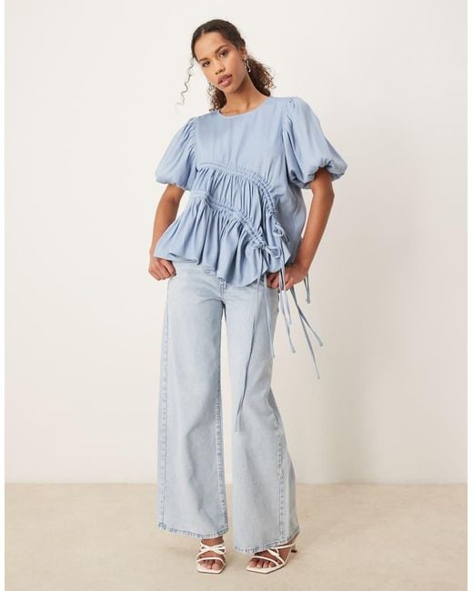 Ghospell Blue Ruched Asymmetric Top
