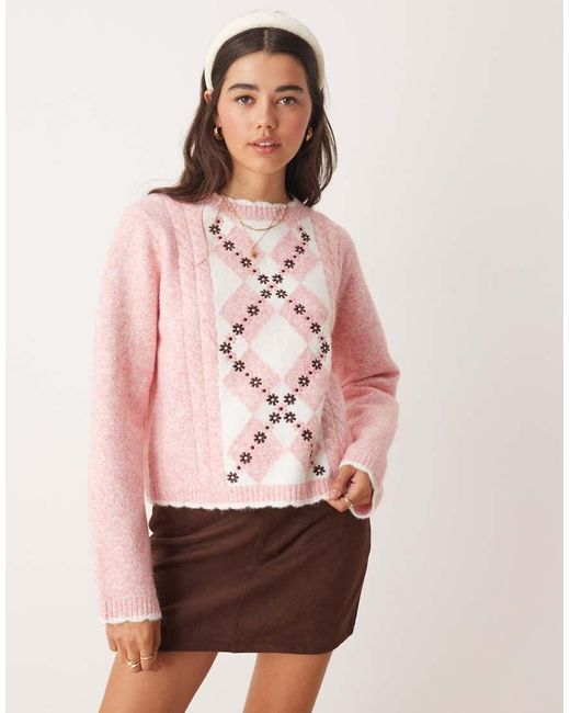 Miss Selfridge Pink Diamond Floral Embroidered Knit Jumper
