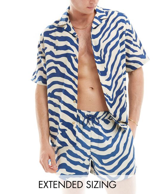 ASOS – lässig geschnittenes, kastiges hemd mit zebramuster und reverskragen, kombiteil in Blue für Herren