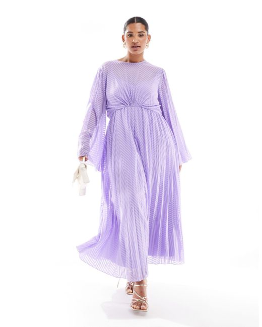 Asos design curve - robe plissée mi-longue en mousseline à chevrons avec manches évasées et liens noués au dos - lilas ASOS en coloris Purple