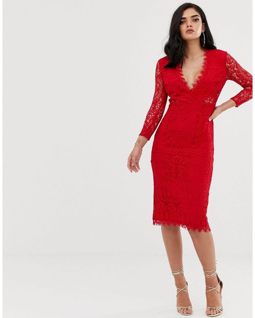 ASOS Red Asos Long Sleeve Lace Midi Pencil Dress