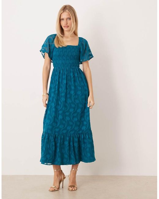 Lovedrobe Blue Floral Burnout Square Neck Shirred Midaxi Dress