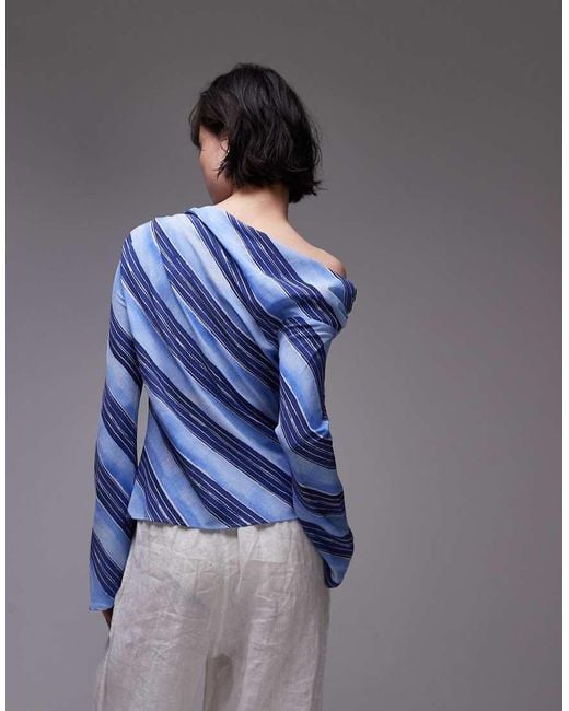 Mango Blue Off The Shoulder Long Sleeve Striped Top