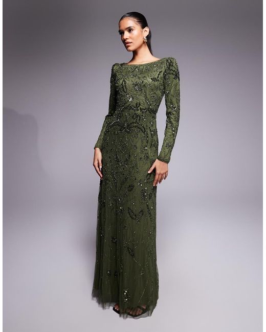 Beauut Green Fully Embellished Beaded Mesh Overlay Slash Neck Maxi Dress