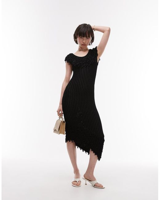 & Other Stories Black Knit Midi Dress With Fringed Neckline And Hem